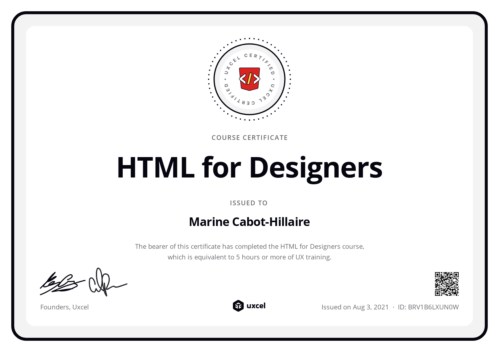 Marine Hillaire's certificate